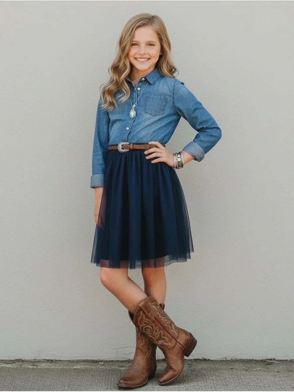 OshKosh Girls Denim Tulle Long Sleeve Button Down Shirt Dress Sz 14/14A